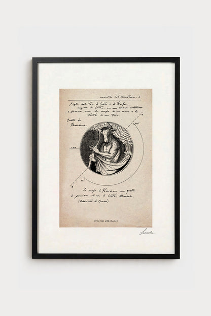 Ink illustration Studium Minotauri on ivory background - archival fine art print, vintage myth diagram | Lorenzo Caia