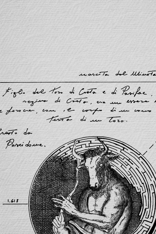 Ink detail Studium Minotauri - close-up of the mythological minotaur drawing on bright white paper | Lorenzo Caia