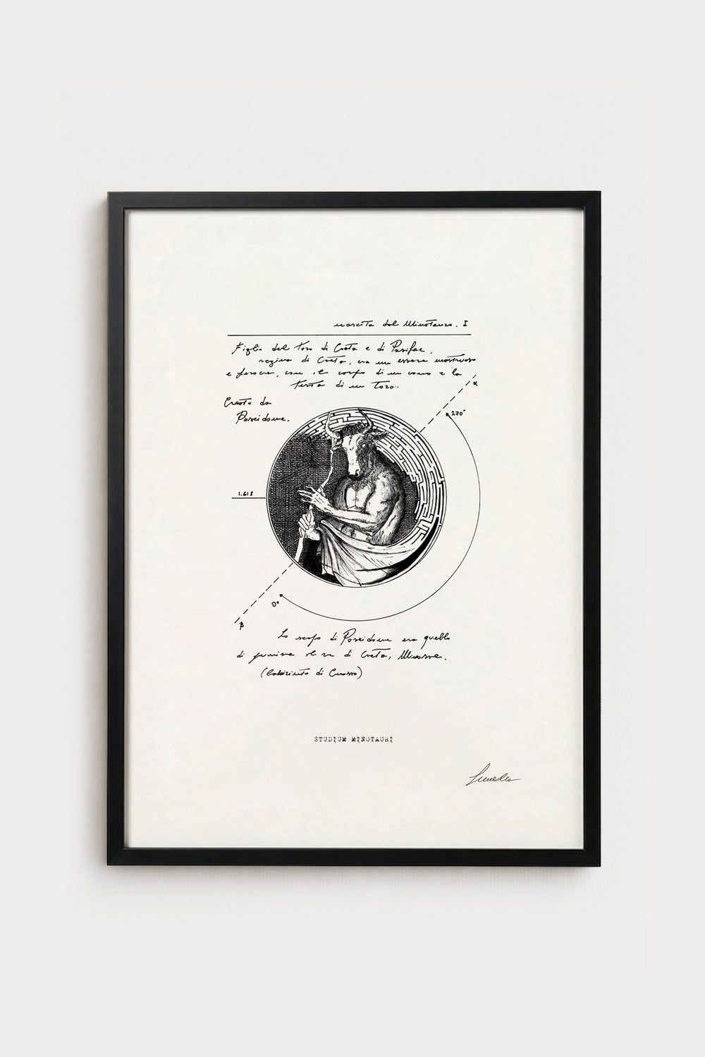 Ink illustration Studium Minotauri - fine art print on white background, mythology and labyrinth diagram | Lorenzo Caia