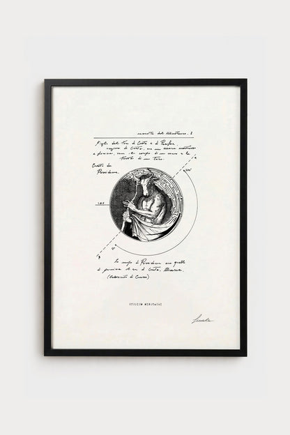 Ink illustration Studium Minotauri - fine art print on white background, mythology and labyrinth diagram | Lorenzo Caia
