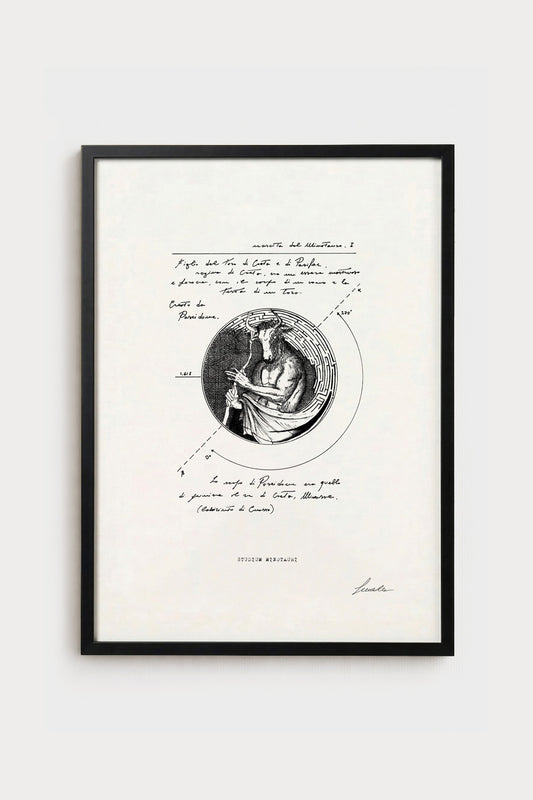 Ink illustration Studium Minotauri - fine art print on white background, mythology and labyrinth diagram | Lorenzo Caia