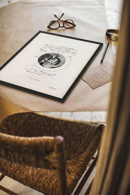 Framed print Studium Minotauri on desk with certificate - fine art wall art | Lorenzo Caia