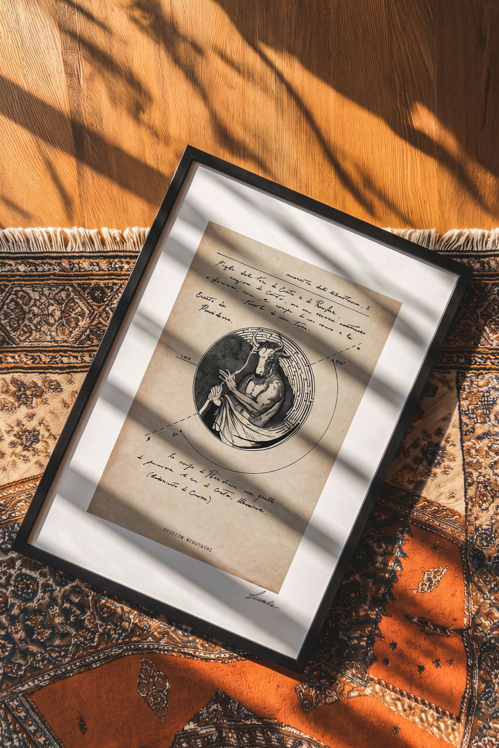 Framed print Studium Minotauri on patterned rug with natural light - fine art wall art | Lorenzo Caia