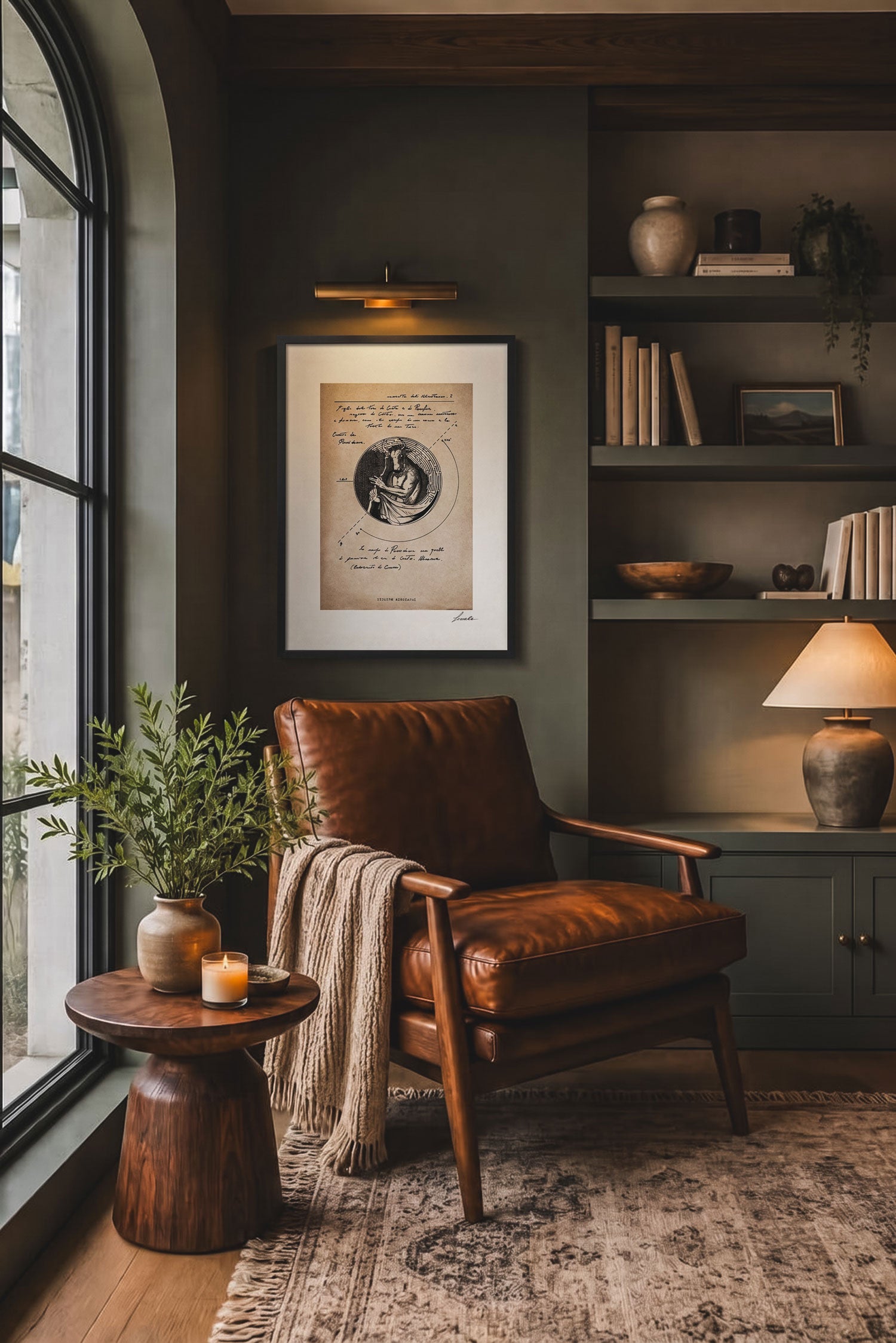 Framed print Studium Minotauri in living room above leather armchair - fine art wall art | Lorenzo Caia