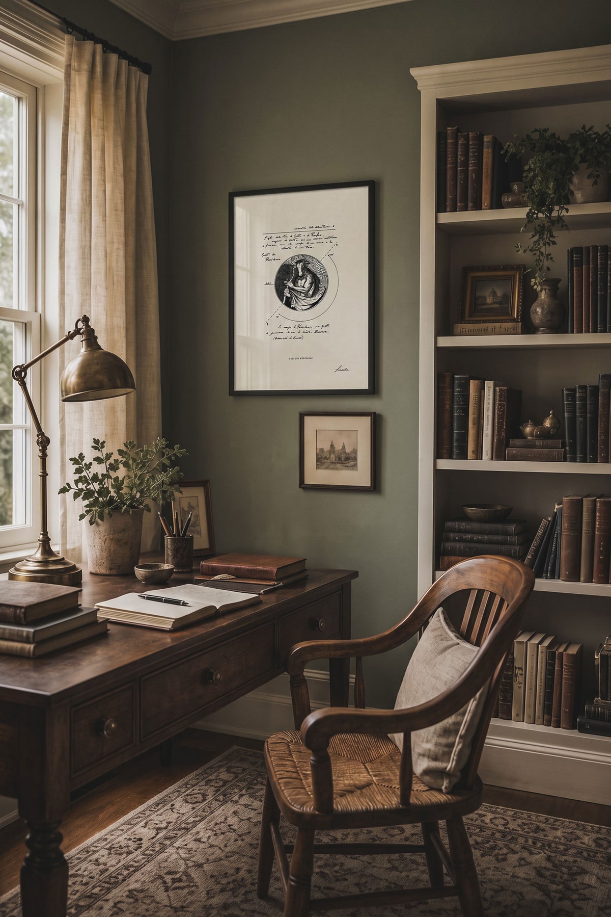 Framed print Studium Minotauri in home study above wooden desk - fine art wall art | Lorenzo Caia