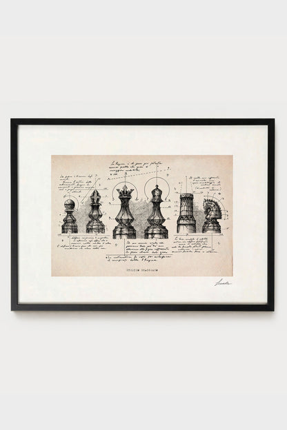 Ink illustration Studium Scaccorum on ivory background - archival fine art print, chess design | Lorenzo Caia