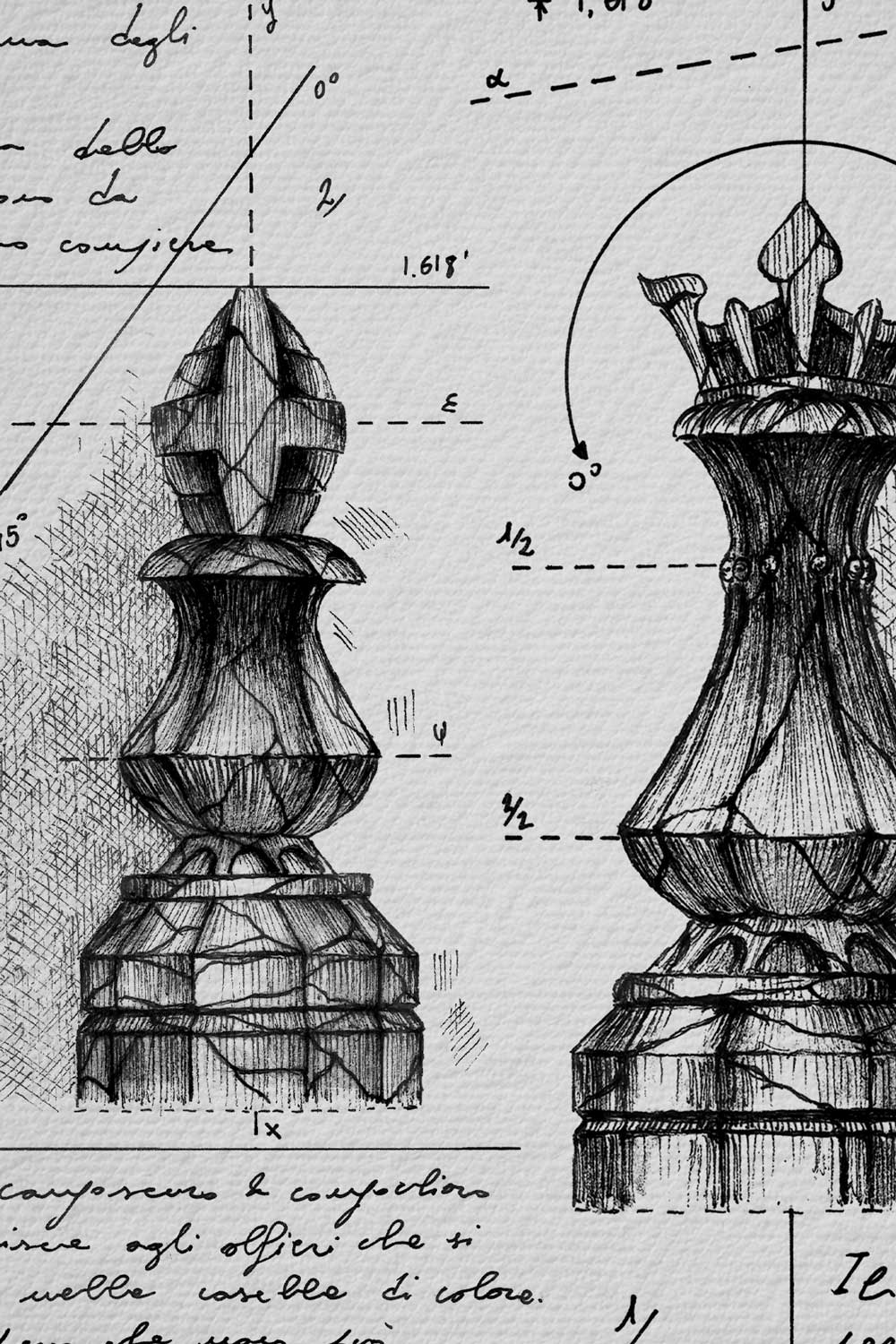 Ink detail Studium Scaccorum - line work drawing of chess pieces on white art paper | Lorenzo Caia
