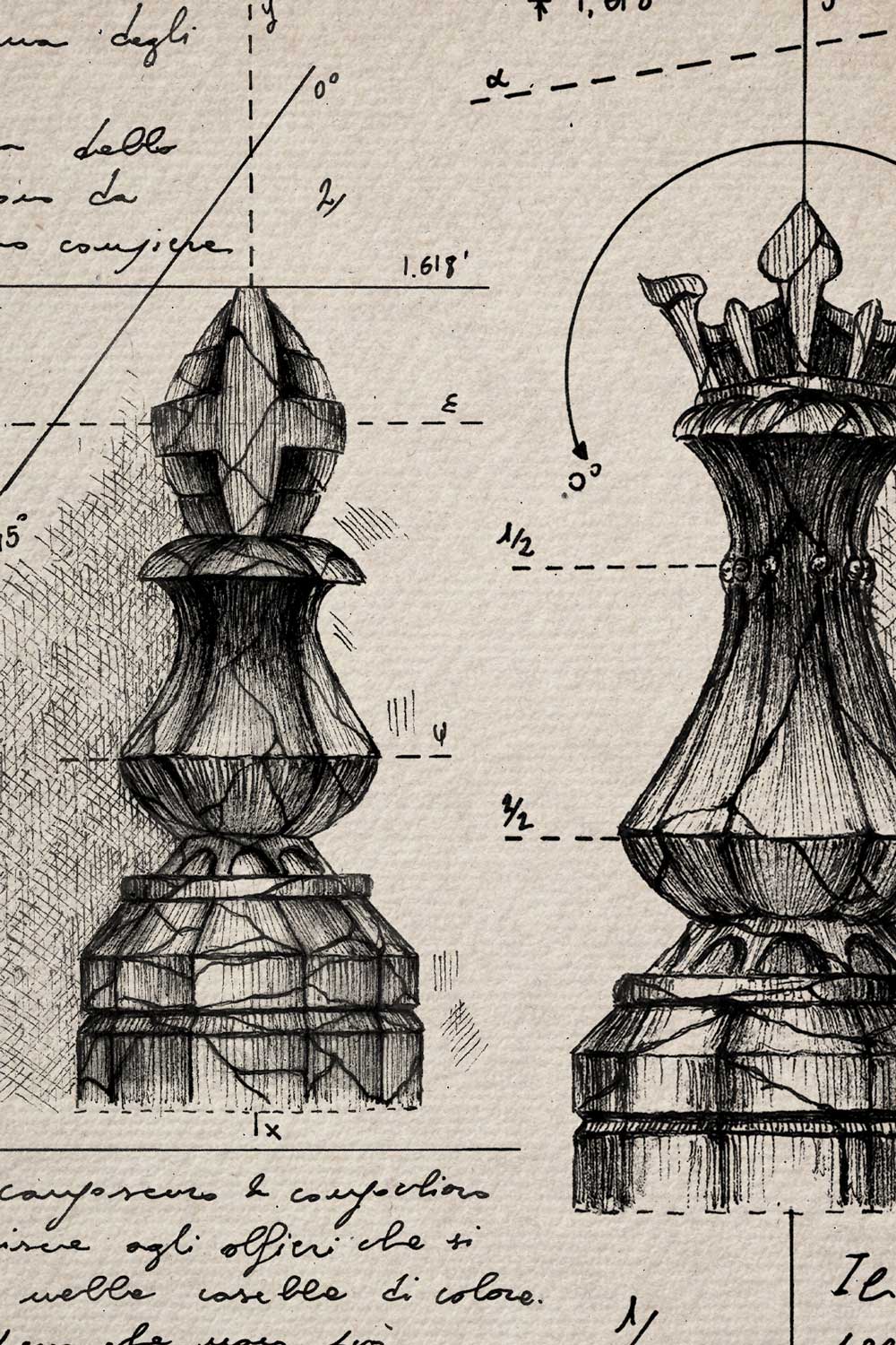Ink detail Studium Scaccorum - fine cross hatching on vintage ivory background paper | Lorenzo Caia