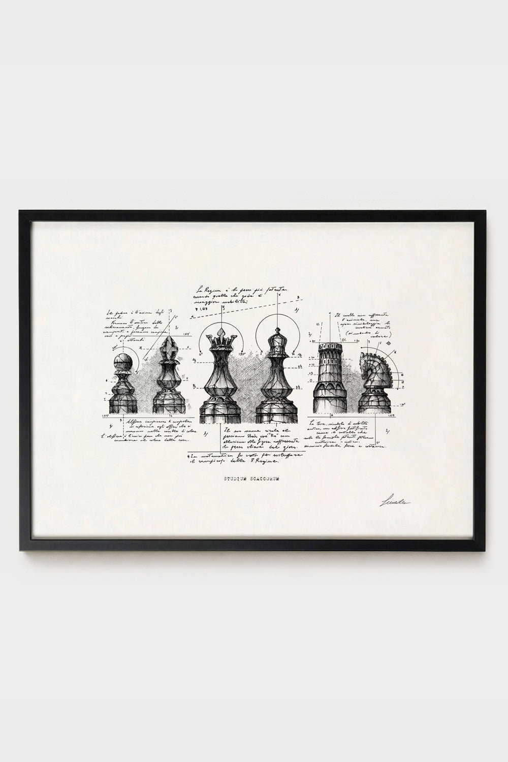 Ink illustration Studium Scaccorum - fine art print on white background, chess pieces drawing | Lorenzo Caia