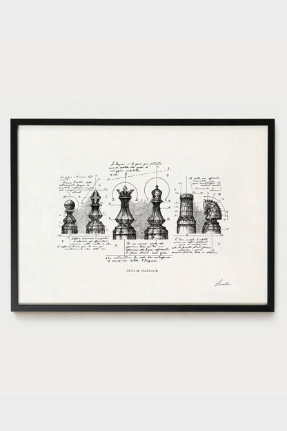 Ink illustration Studium Scaccorum - fine art print on white background, chess pieces drawing | Lorenzo Caia