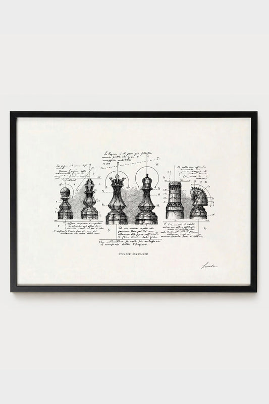 Ink illustration Studium Scaccorum - fine art print on white background, chess pieces drawing | Lorenzo Caia