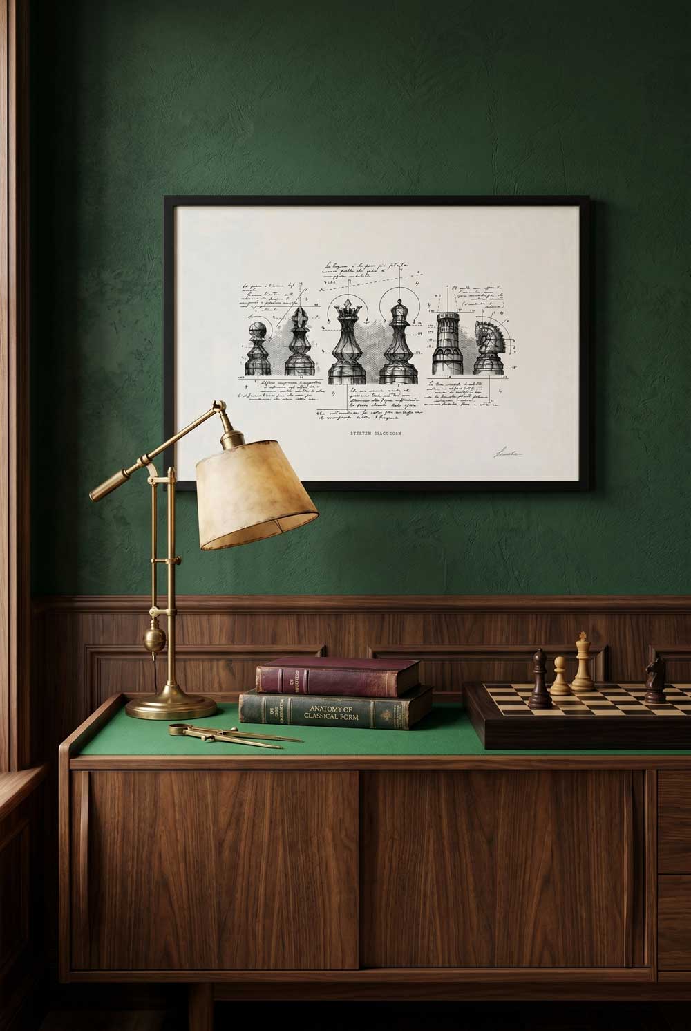 Framed print Studium Scaccorum on a green wall above a wooden sideboard - fine art wall art | Lorenzo Caia