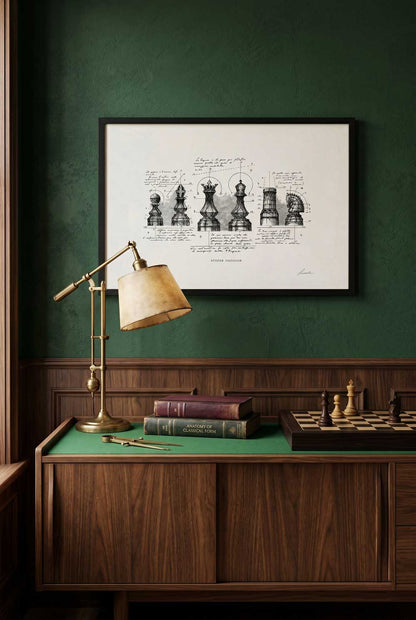 Framed print Studium Scaccorum on a green wall above a wooden sideboard - fine art wall art | Lorenzo Caia