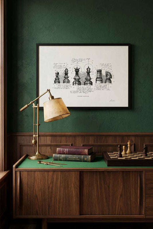 Framed print Studium Scaccorum on a green wall above a wooden sideboard - fine art wall art | Lorenzo Caia