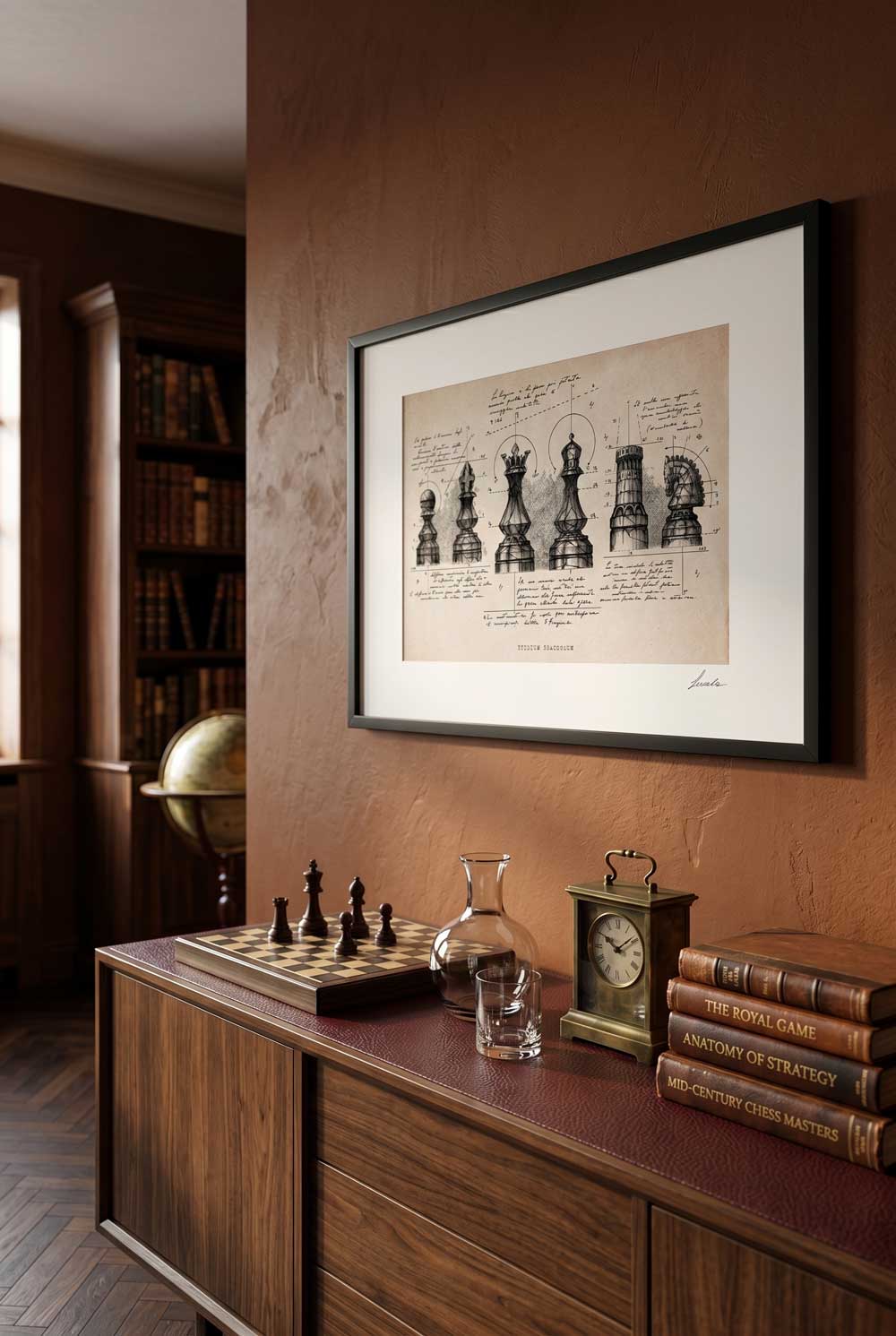 Framed print Studium Scaccorum in a vintage living room with a chessboard - fine art wall art | Lorenzo Caia