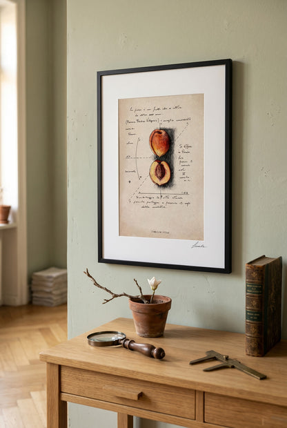 Framed print Symbolum Vitae on a green wall above a wooden study desk - fine art wall art | Lorenzo Caia