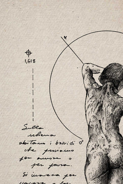 Ink detail Tergum - close-up of the anatomical drawing on textured ivory paper | Lorenzo Caia