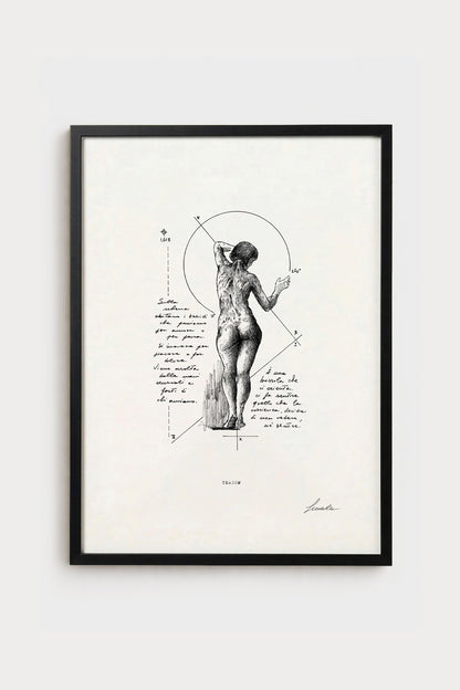 Ink illustration Tergum - fine art print on white background, human back anatomy diagram | Lorenzo Caia