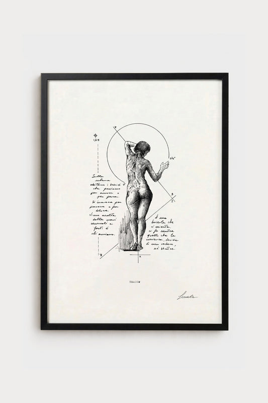 Ink illustration Tergum - fine art print on white background, human back anatomy diagram | Lorenzo Caia