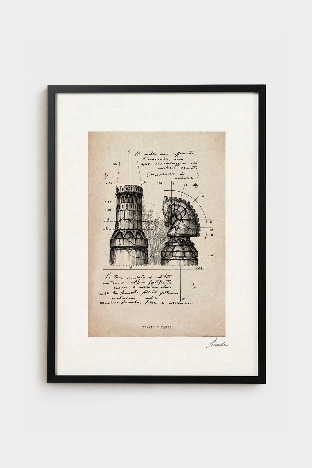 Ink illustration Turris & Eques on ivory background - archival fine art print, chess pieces diagram | Lorenzo Caia