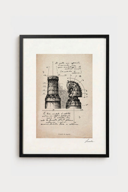 Ink illustration Turris & Eques on ivory background - archival fine art print, chess pieces diagram | Lorenzo Caia