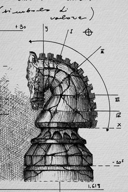 Ink detail Turris & Eques - fine line work of the chess knight piece on white paper | Lorenzo Caia