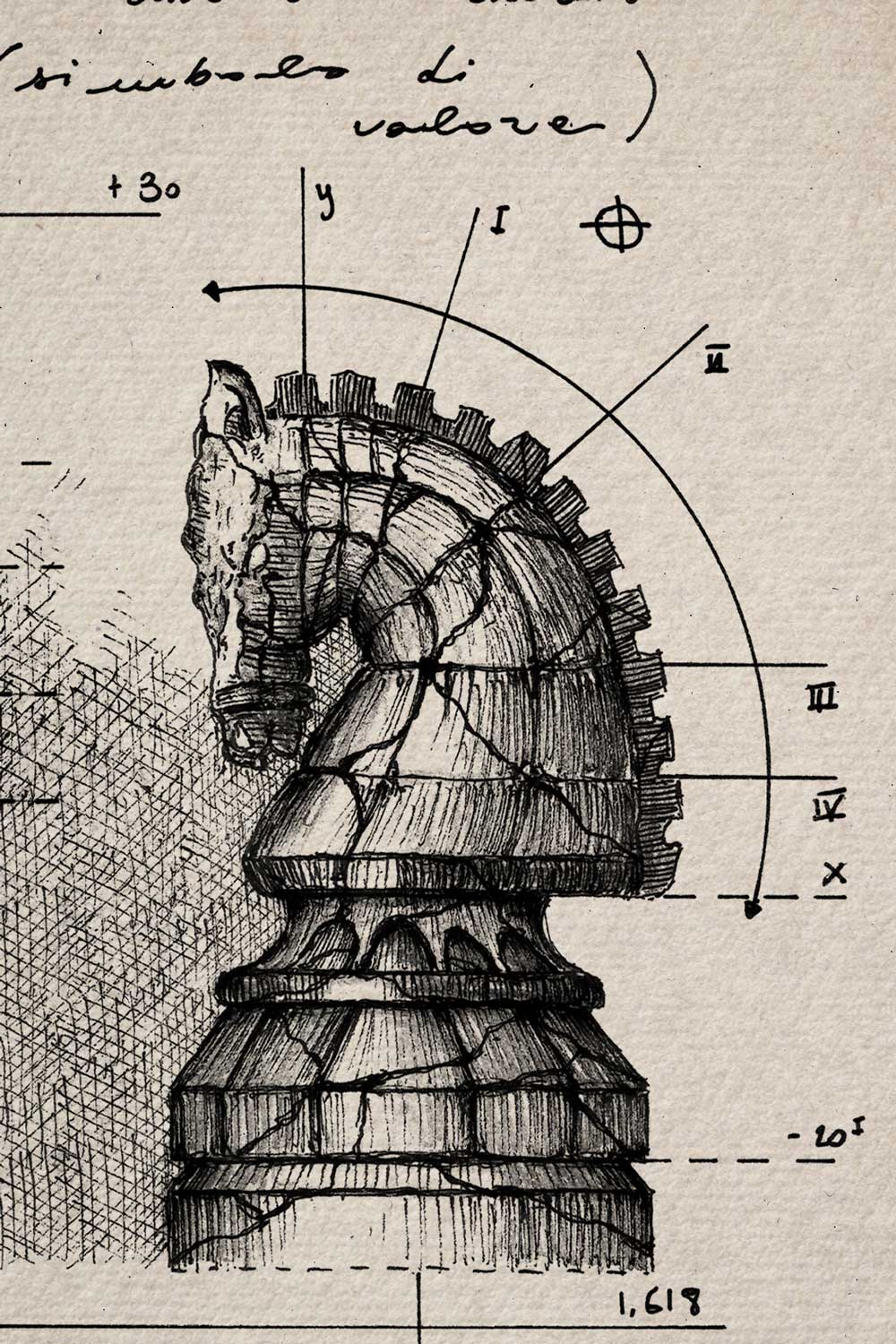 Ink detail Turris & Eques - dense crosshatching and texture on ivory colored paper | Lorenzo Caia