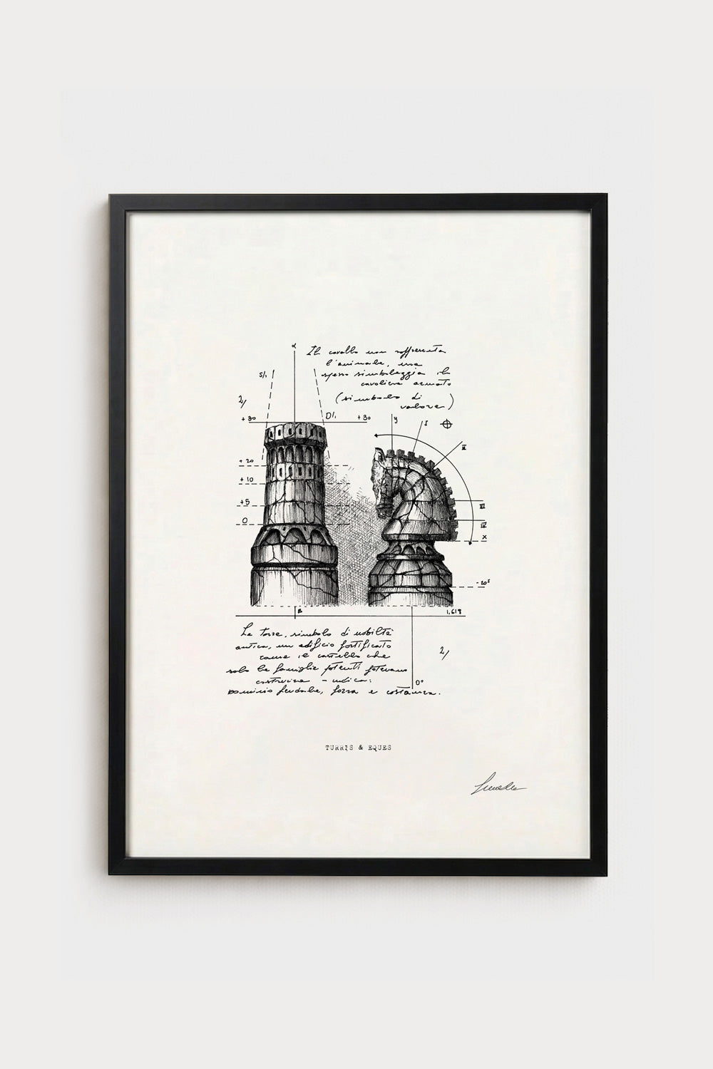 Ink illustration Turris & Eques - fine art print on white background, chess pieces and geometry | Lorenzo Caia