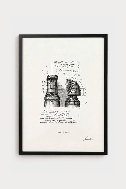 Ink illustration Turris & Eques - fine art print on white background, chess pieces and geometry | Lorenzo Caia