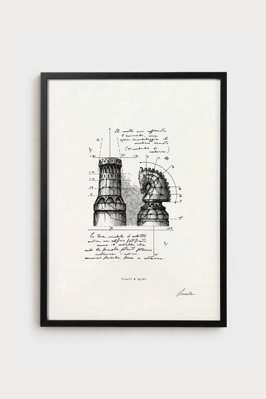 Ink illustration Turris & Eques - fine art print on white background, chess pieces and geometry | Lorenzo Caia