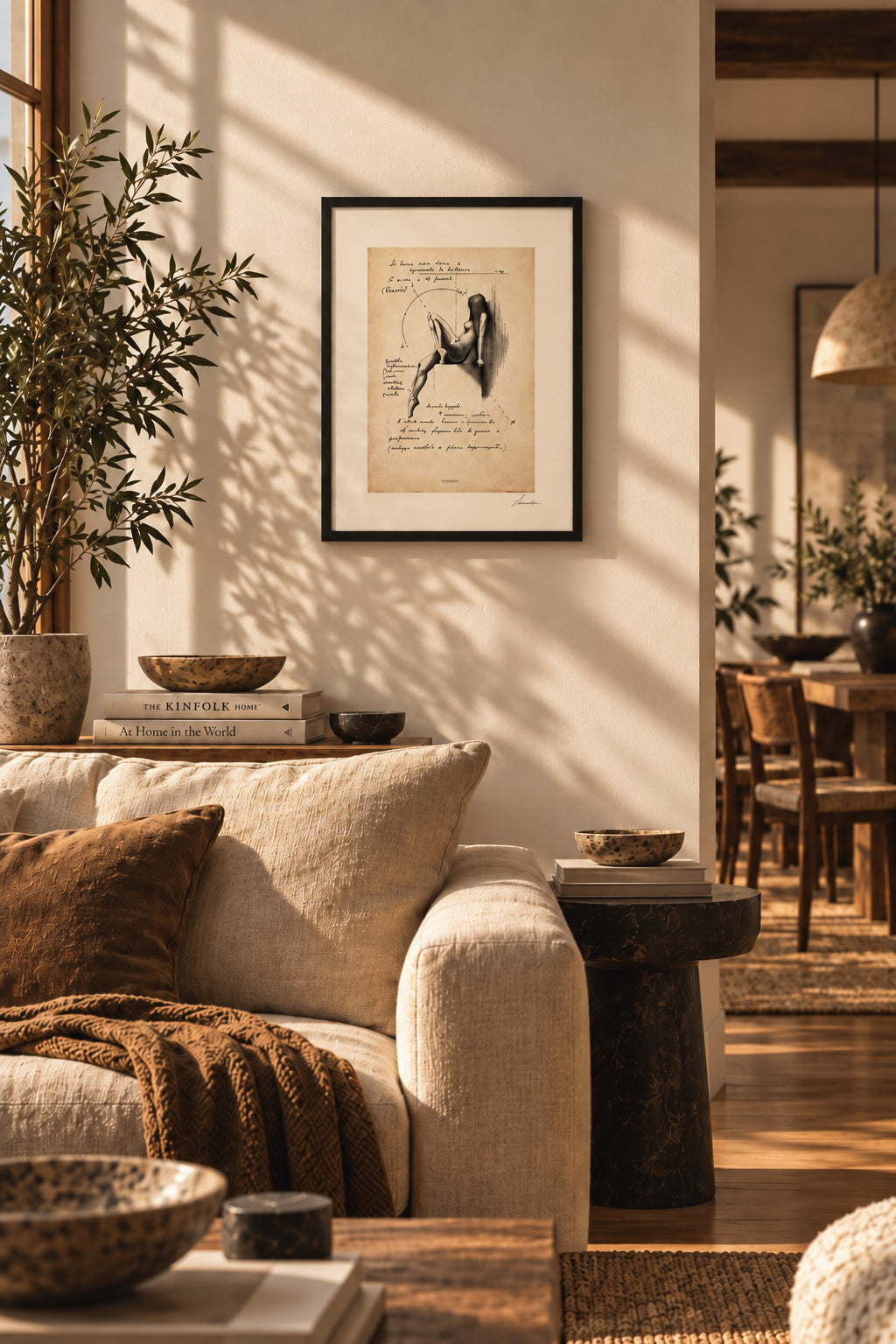 Framed Veneris Archive ink print above a cream sofa in a warm living room with wooden furniture, books and plants.