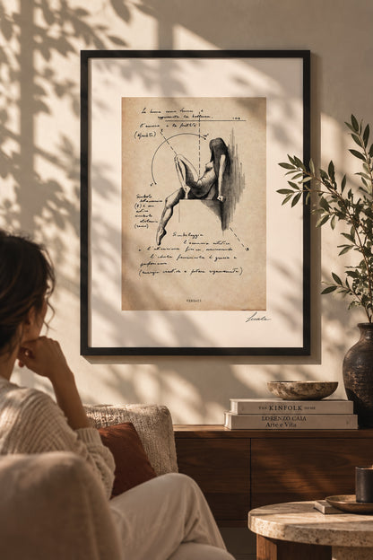 Veneris Archive ink print in a black frame on a sunlit wall, with a seated woman, books and plants in the foreground.