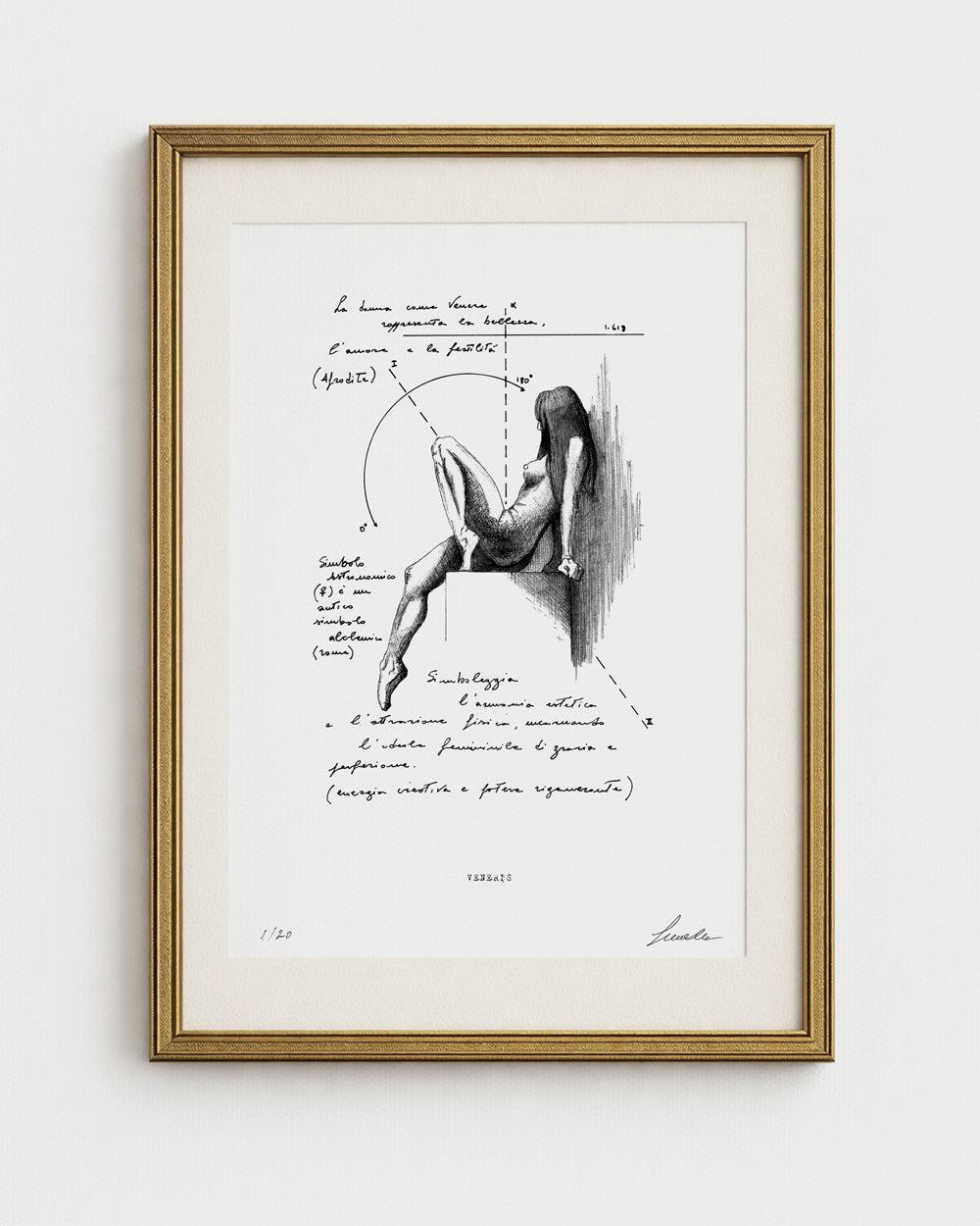 Opera "Veneris" di Lorenzo Caia, stampa d'arte verticale in edizione limitata 1/20 con cornice sottile oro.