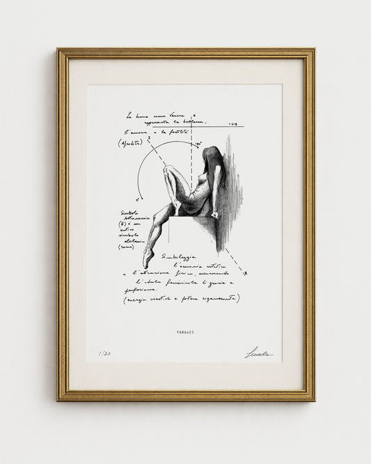 Opera "Veneris" di Lorenzo Caia, stampa d'arte verticale in edizione limitata 1/20 con cornice sottile oro.