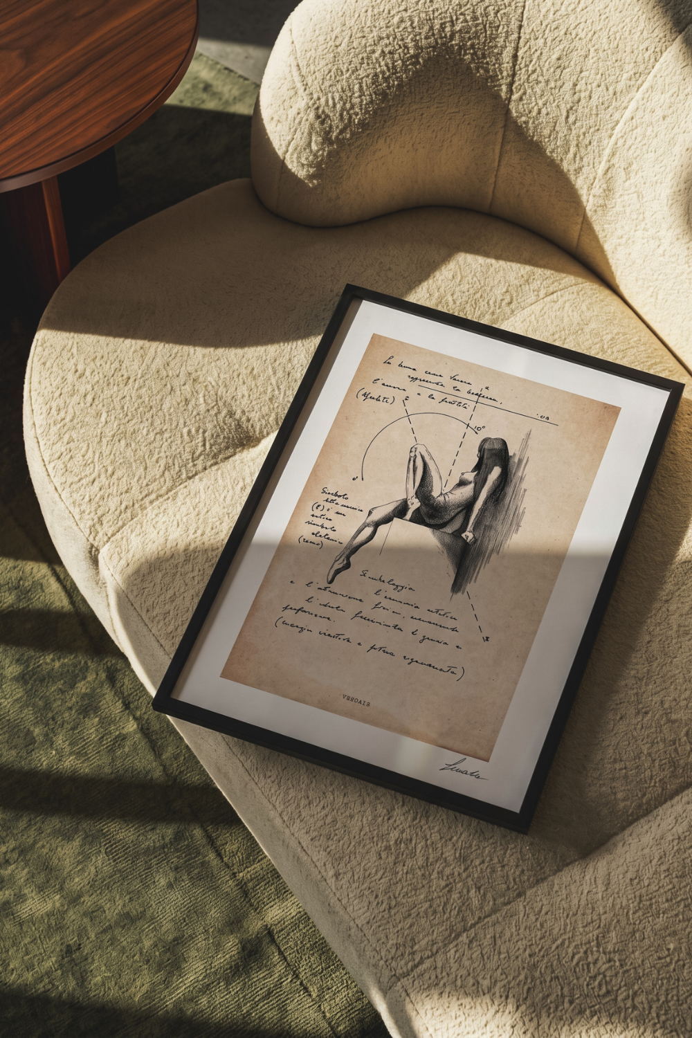 Framed print Veneris on light bouclé armchair - fine art wall art | Lorenzo Caia