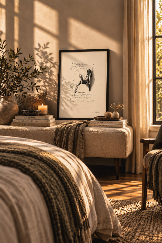 Framed Veneris Studio ink print resting on an upholstered bench in a sunlit bedroom with plants, books and a candle.